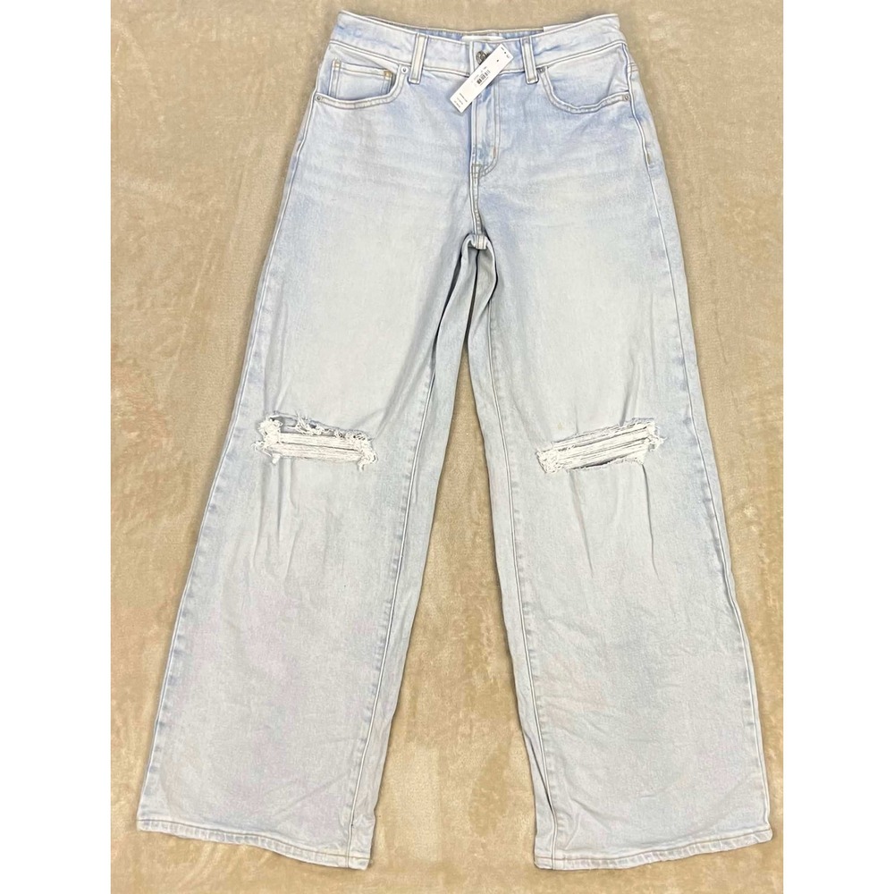 PINK Victoria's Secret Baggy Wide Leg Jeans Light Wash Ripped Knee 4/26 Regular